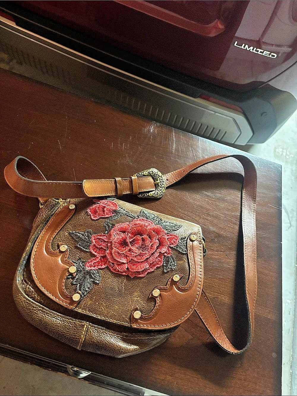 🔥 RARE Patricia Nash Salerno Leather Rose Applique Western Saddle Crossbody Bag